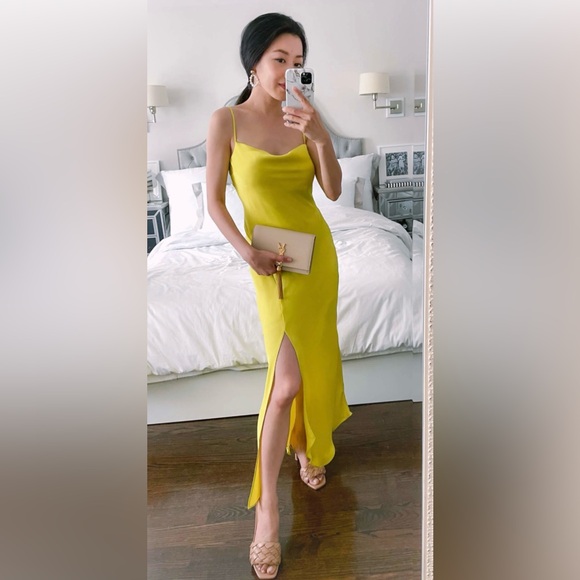 Zara Dresses & Skirts - Zara Bright Yellow Cowl Neck Midi Dress with Front Slit